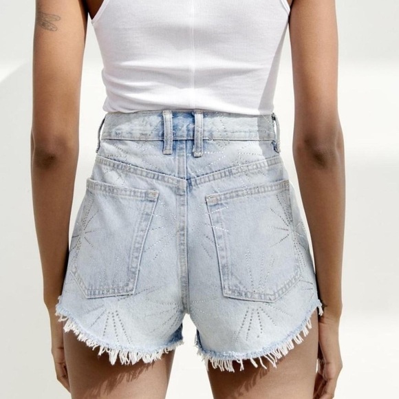 ZARA Rhinestone Fireworks Blue Denim Ripped Jean Shorts Sz 40/ US 8 - Picture 3 of 13